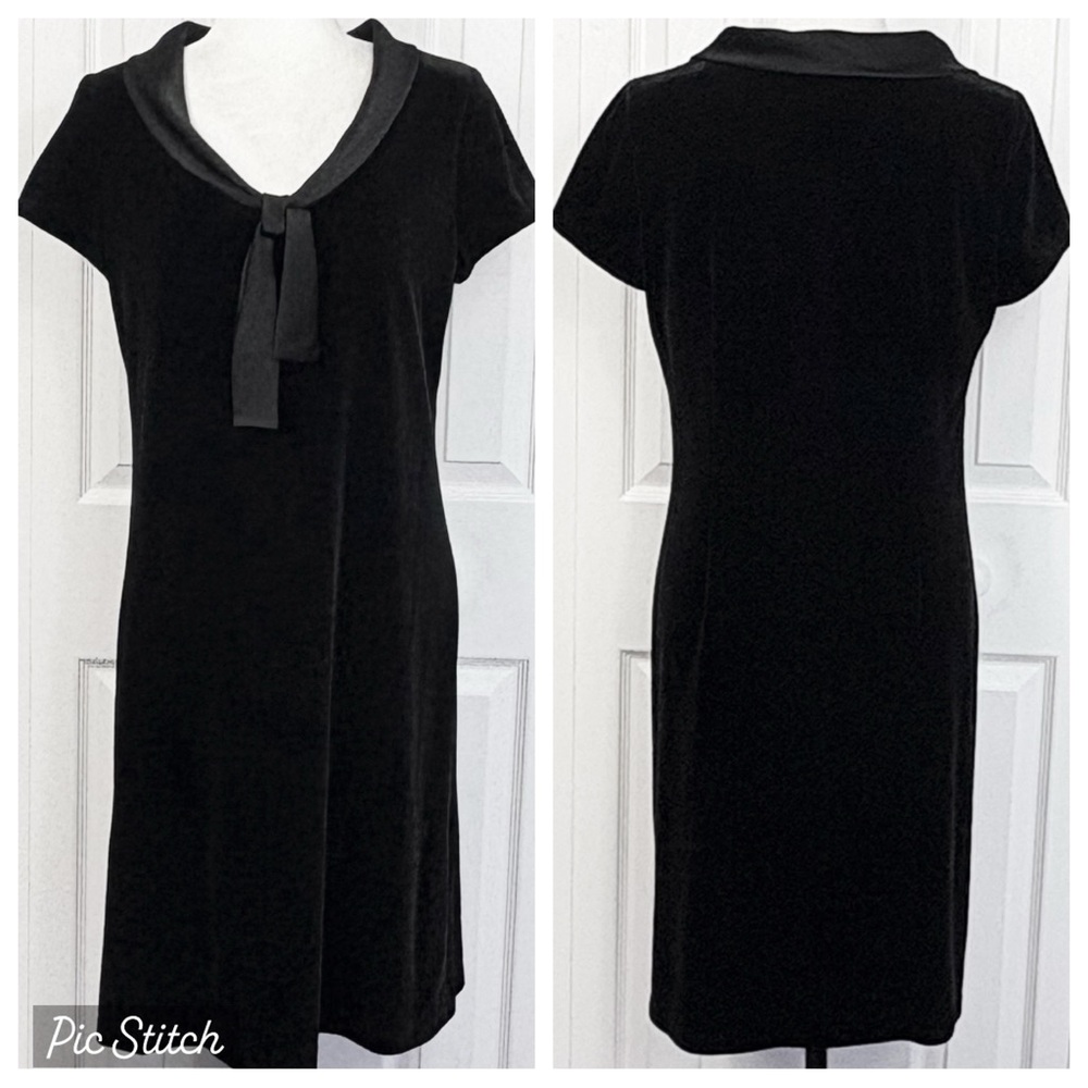 Donna Ricco Formal Black Velvet Tie Neck Short Sleeve Sheath Dress 10